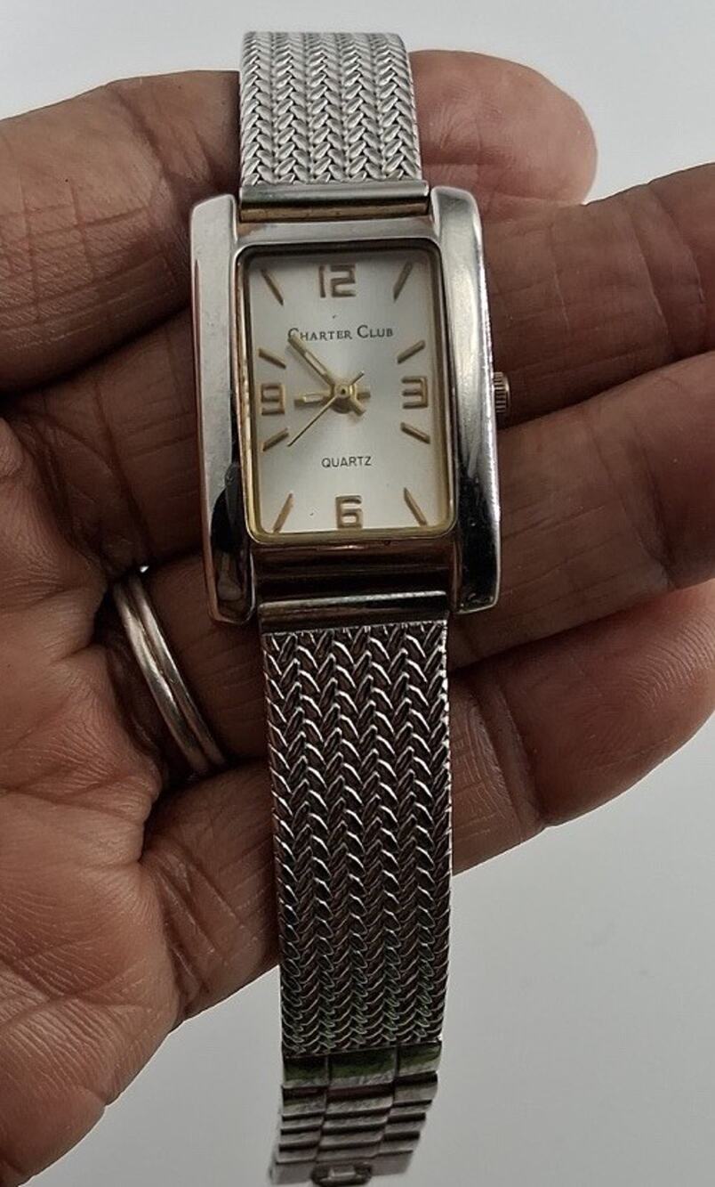 Vintage Charter Club Womens Rectangular Watch Silver Gold Tone Chevron Mesh Band